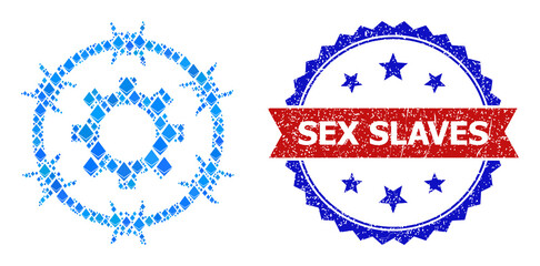 Blue diamond composition industrial jail icon, and bicolor unclean Sex Slaves seal stamp. Crystal related items are united into abstract mosaic industrial jail icon.
