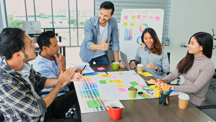 Young creative design meeting brainstorm ideas to plan and develop project together in office,...