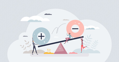 Pros and cons as benefits and threats analysis process tiny person concept. Good and bad situation balance evaluation with simple plus and minus choice scales vector illustration. Positive or negative - obrazy, fototapety, plakaty