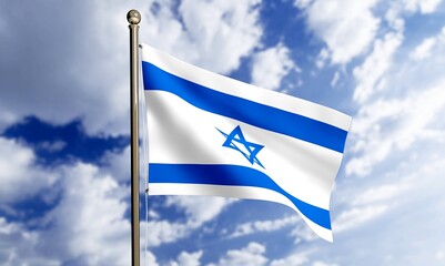 Israeli flag with a star of David over Jerusalem at sky background