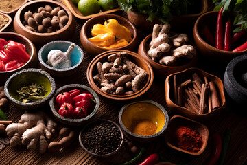 Thai food background. Ingredients in teak bowls on rustic wooden table.