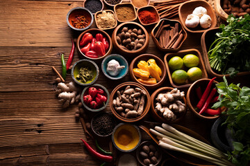 Thai food background. Ingredients in teak bowls on rustic wooden table.
