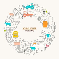 Circle frame with icons of agriculture and farming. Illustration or background for eco products and agricultural presentation.