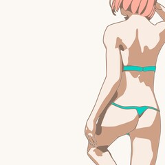 Illustration of a beautiful fashion model posing in a stylish swimsuit. Young attractive woman in bikini. Sketch style outline