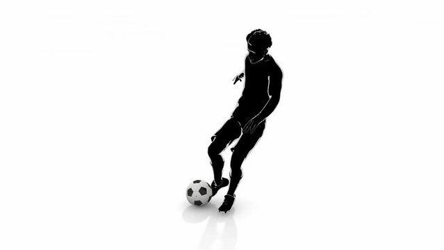Kick a soccer ball. Football game. Silhouette male action. Ball up screen.