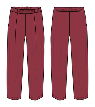 Pants technical fashion flat sketch vector illustration with mid calf length, normal waist. Flat breeches bottom front and back views. Woman, man CARD mock up. Apparel Pants mock up.
