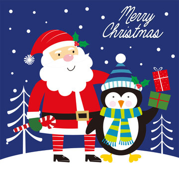 christmas card with santa claus and penguin