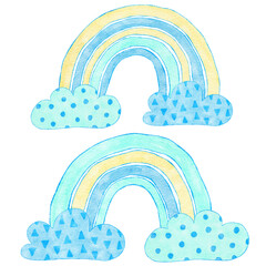 Watercolor hand drawn illustration of blue yellow rainbows in clouds. Boy baby shower design for invitations party, nursery clipart is soft pastelcolors modern minimalist print for kids children.