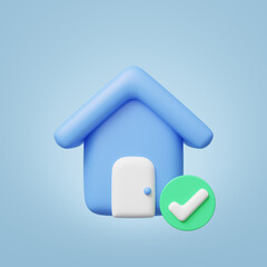 3d blue house with windows, door icon. home model, check marks floating on blue background. Business investment. Home Inspection concept. Mockup cartoon icon minimal style. 3d render illustration.