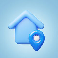 3d blue house, location pin icon. Cute home with GPS navigator checking points floating. Business investment, real estate, mortgage, loan concept. Cartoon icon minimal style. 3d render illustration.