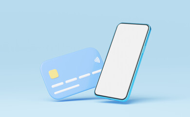 3d Phone with credit card floating on blue background. Mobile banking and Online payment service. Saving money wealth and business financial. Smartphone money transfer online. Cartoon minimal render.