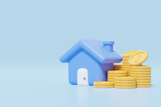 3d Gold coins falling into stack and blue house on blue background. Home model with windows, door icon. Financial investment growth concept. Mockup cartoon icon minimal style. 3d render illustration.