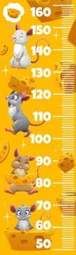 Naklejki Kids height chart with cute cartoon mouses, rats and cheese. Vector growth meter with funny mice characters. Wall sticker for children height measurement with scale and rodent personages