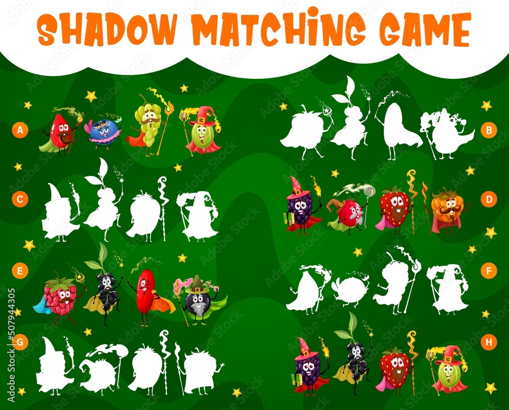 Poster shadow match game. cartoon berry wizard, mage and fairy characters. kindergarten children intelligen