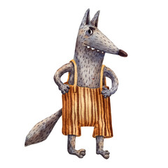 Watercolor wolf character. Little Red Ridding Hood character. Scare wolf. Children book. Old story. Cartoon style of illustration. Fairy tale animal. Isolated wolf art. 