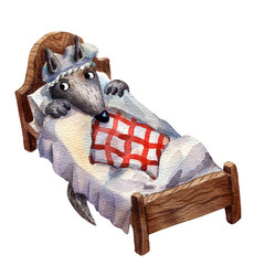 Watercolor wolf character in the bed. Little Red Ridding Hood character. Scare wolf. Children book. Old story. Cartoon style of illustration. Fairy tale animal. Isolated wolf art. 