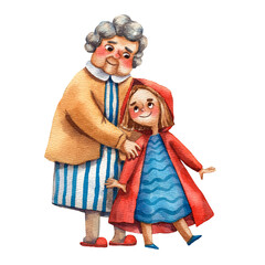 Little girl with grandma. Cute fairy tale characters. Little red ridding hood. Grandmother with granddaughter card. Family portrait. Cartoon characters. Family embrace. Watercolor illustration.