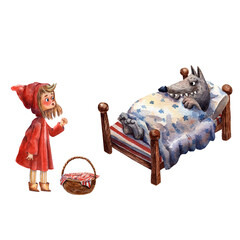 Watercolor wolf character in the bed. Little Red Ridding Hood character. Scare wolf. Children book. Old story. Cartoon style of illustration. Fairy tale animal. Isolated wolf art. 