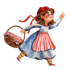 Little Red Riding Hood. Watercolor illustration. Fantasy girl character. Little funny girl. Red cap and red skirt. Standing and smiling character. Hand drawn illustration.