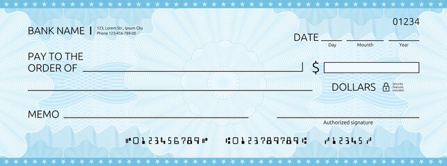 Fototapeta Blank bank check, checkbook cheque template with blue guilloche, vector mockup. Money payment bank check voucher or pay cash cheque certificate, account bill paycheck with guilloche pattern obraz