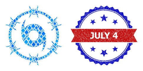 Blue diamond composition jail fan icon, and bicolor grunge July 4 seal stamp. Diamond related parts are grouped into abstract collage jail fan icon.