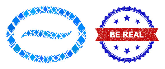 Blue diamond composition coffee bean icon, and bicolor grunge Be Real seal. Gem related parts are arranged into abstract mosaic coffee bean icon. Red round badge contains Be Real text inside circle.