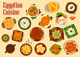 Egyptian cuisine vector dishes, Arabian dessert food with vegetable cheese salad and eggs. Pistachio, almond, coconut cakes, semolina and butter cookies, barley pudding, lamb omelette, honey fritters