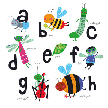 Vector alphabet for children. Cute insects in cartoon style. A, B, C, D, E, F, G, H . Part 1.
