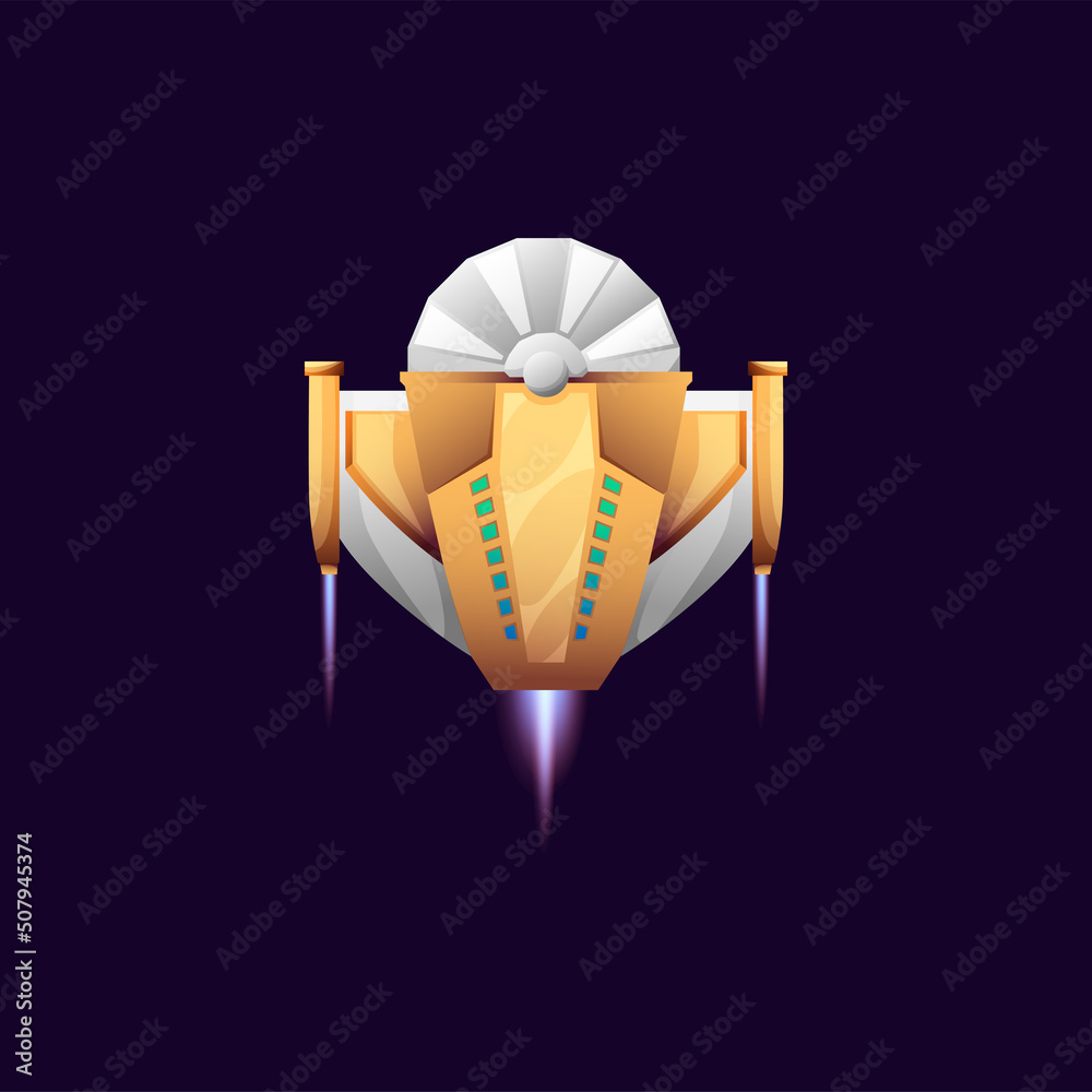 Poster cartoon galaxy space ship booster flaming rocket on start isolated spaceship. vector fast modern spa