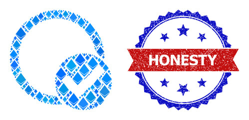 Blue diamond mosaic validation circle icon, and bicolor scratched Honesty watermark. Gemstone related elements are grouped into abstract collage validation circle icon.