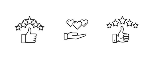 Rating icons, five stars review and thumb up of customer good rate. Vector 5 star rating symbols for best quality or like hearts of satisfaction, and positive survey or feedback opinion rate