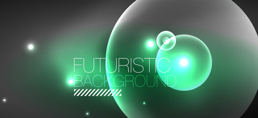 Shiny neon geometric abstract background. Glowing lights on round shapes, triangles and circles. Wallpaper for concept of AI technology, blockchain, communication, 5G, science, business