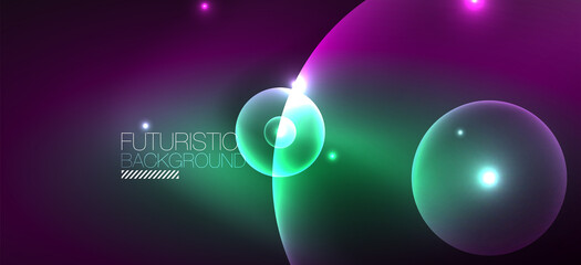 Abstract background with neon glowing light effects. Round shapes, triangles and circles. Wallpaper for concept of AI technology, blockchain, communication, 5G, science, business and technology