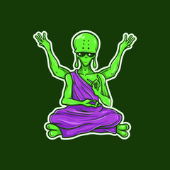 Four Arms Green Alien Holding a Rolled Weed, Sit Down Like a Buddha