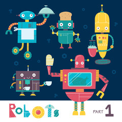 Vector set of cartoon robots isolated on a dark background. Part 1. Kids characters. Kitchen and cooking.