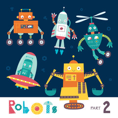 Vector set of cartoon robots isolated on a dark background. Part 2. Kids characters. Space and fantastic fiction.