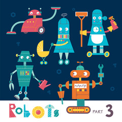 Vector set of cartoon robots isolated on a dark background. Part 3. Kids characters. Service and cleaning.