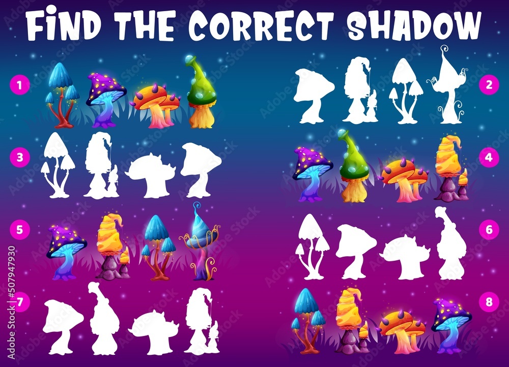 Poster find the correct shadow of magic mushrooms. kids matching game vector worksheet with fantasy fungi, 