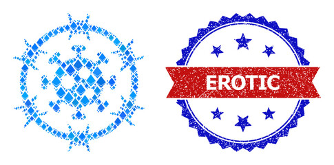 Blue ethereum mosaic virus jail icon, and bicolor scratched Erotic seal stamp. Ethereum related parts are grouped into abstract mosaic virus jail icon.
