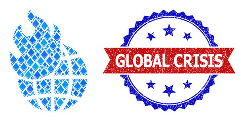 Blue diamond composition world fire icon, and bicolor unclean Global Crisis seal. Crystal related items are grouped into abstract collage world fire icon.