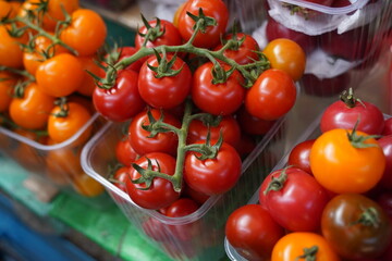 Almaty, Kazakhstan - 03.25.2022 : A variety of tomatoes on a twig lie in containers for sale at the market.