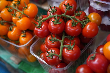 Almaty, Kazakhstan - 03.25.2022 : A variety of tomatoes on a twig lie in containers for sale at the market.