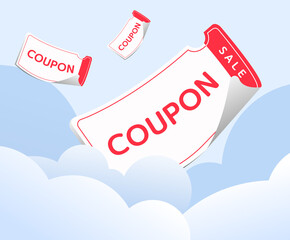 flying coupon illustration set. sale, cloud, ticket, voucher. Vector drawing. Hand drawn style.