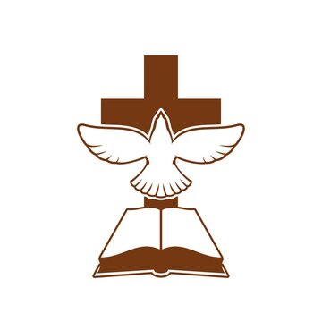 recommend clip art: Christianity religion symbol with Holy Bible, cross and dove. Christian confession or church emblem. Christian commune or mission vector icon with Holy Spirit sacred symbol