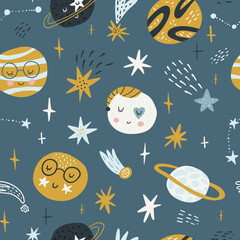 Fototapeta na wymiar Seamless childish pattern with funny planet characters. Trendy space texture for fabric, apparel, textile, wallpaper. Cute kids print. Vector illustration.