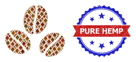 Vector crystal collage cacao beans icon, and bicolor dirty Pure Hemp stamp. Red round stamp contains Pure Hemp tag inside circle. Cacao beans collage is formed with crystal elements.
