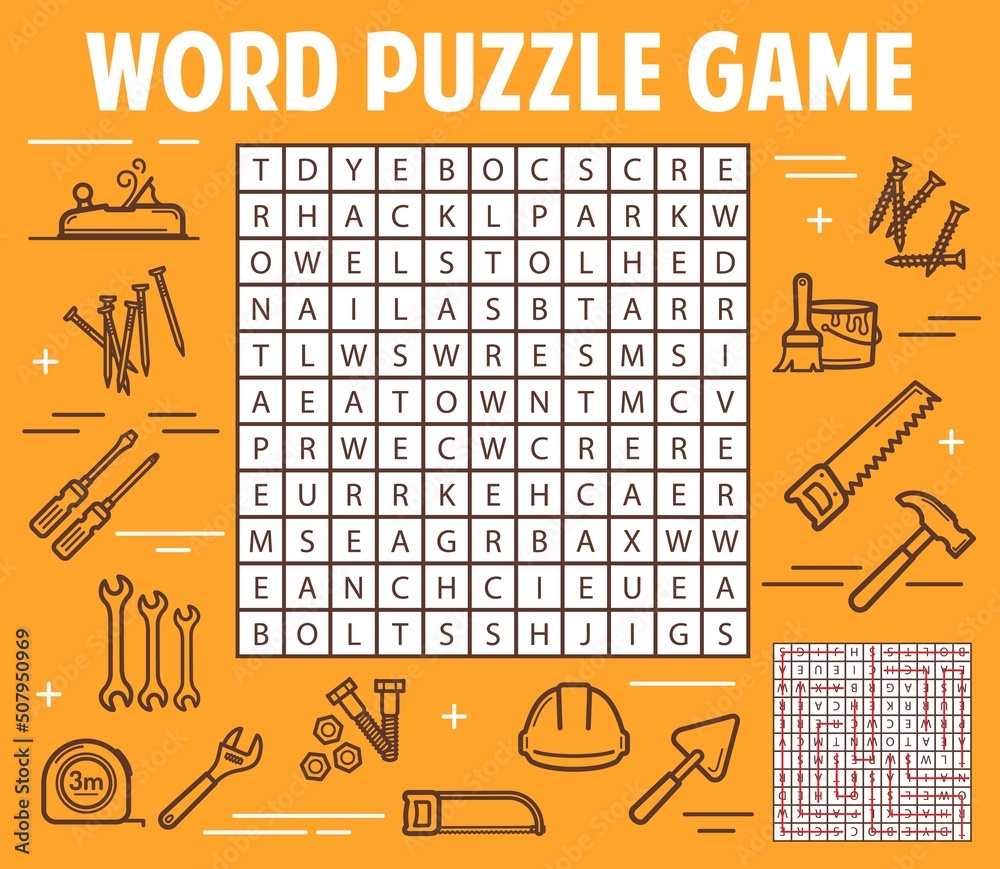 Aufkleber diy and construction tools word search puzzle game worksheet. child quiz grid, logical puzzle or chi