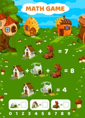 Cartoon fairytale houses on math game worksheet. Education maze with addition and subtraction task, preschool kids riddle or children maze with fairy tree, hive and acorn, boot, teapot dwellings