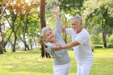 Naklejka na ściany i meble Asian senior couple practice yoga excercise, tai chi tranining, stretching and meditation together with relaxation for healthy in park outdoor after retirement. Happy elderly outdoor lifestyle concept
