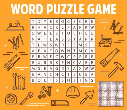 DIY and construction tools word search puzzle game worksheet. Child quiz grid, logical puzzle or children game with thin line vector construction equipment. Finding words kids educational riddle
